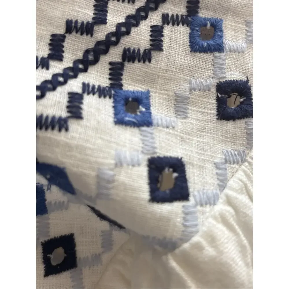 FREE PEOPLE Joni Top S Boho Embroidered Shirred Puff Sleeve Cropped Linen Blu Wh